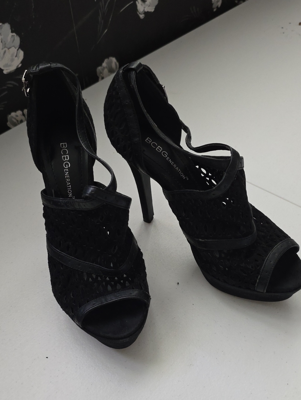 BCBGeneration Black Laser-Cut Peep-Toe Stiletto Sandals